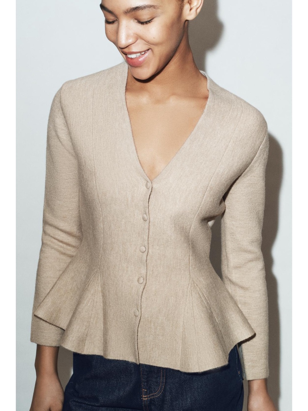 Zara Women's Peplum V-Neck Button Cardigan Sweater - Cream